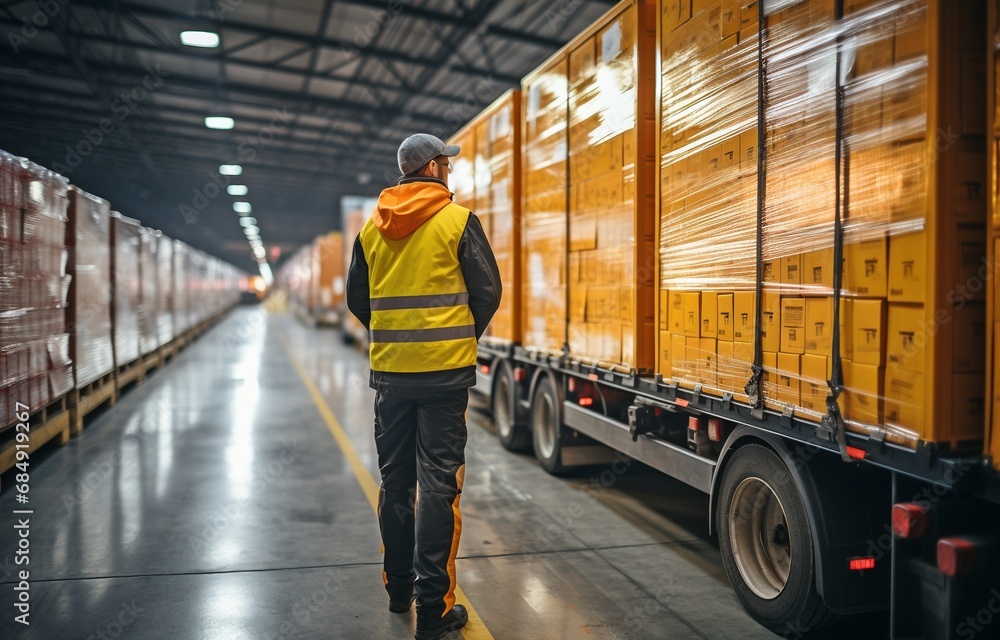An employee of a warehouse is loading shipment boxes into a cargo container truck. Dock warehouse with a parked cargo trailer truck loading cargo. Transport Provider. An employee of a warehouse is loading shipment boxes into a cargo container truck. Dock warehouse with a parked cargo trailer truck loading cargo. Transport Provider.