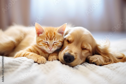 Cat and dog sleeping on the bed. Puppy and kitten sleep, 