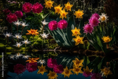 flowersof different colours in the garden with pond reflection photo