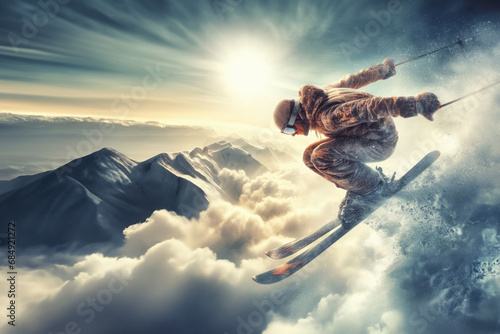 Skiing. Jumping skier. Extreme winter sports. Skier skiing downhill during sunny day in high mountains. good skiing in the snowy mountains, Carpathians, Ukraine, nice winter day