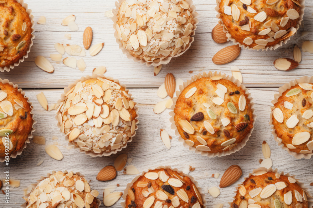 Top view of delicious healthy muffins with seeds and nuts on wooden table