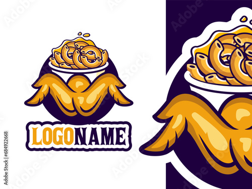 A bowl of Crispy chicken wings with tasty Macaroni, mascot fast food logo