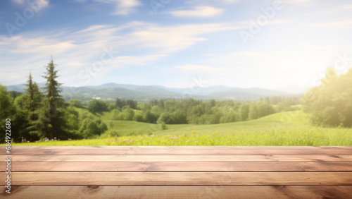 blank wooden table top with blur green meadow view for natural organic product advertising background