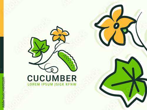 fresh green cucumber with a yellow flower vector logo illustration