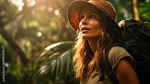 A female explorer in the rainforest among exotic flora and fauna photo