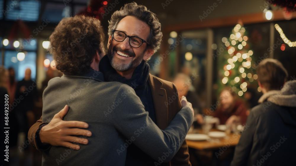 Two young men having a good time together at a Christmas market