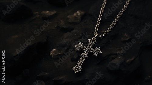 Necklace with metallic cross on dark background.