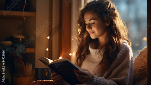 Beautiful young woman reading a book in the morning at home.