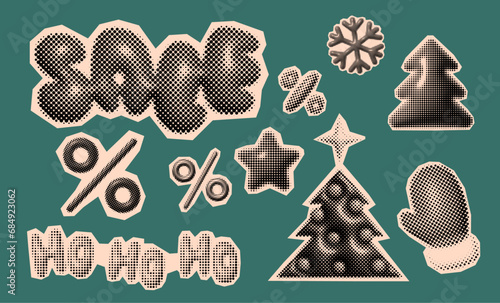 Christmas and New Year trendy halftone icons, collage of vintage 90s style of paper magazine clippings. Composed of big amount of circles.