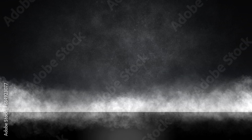 煙が下から出ている何もない部屋/床/壁/壁面展示/スポットライト/メタル/黒色/ステージ photo