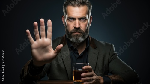 Dry January, man refuses and say no to alcohol, whiskey glass , stopping hand sign