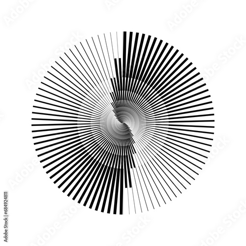 Radial abstract pattern. Black and white ray and beam lines shape. Circle spiral form. Sunburst design element for icon, badge, logo, tattoo, tag, label, emblem. Vector illustration 