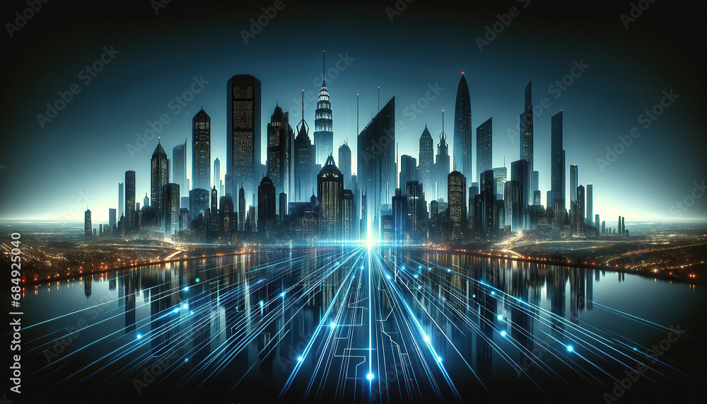 This Futuristic Cityscape Digital Connectivity, digital, futuristic, technology, communication, cyberspace, network, city, innovation, concept, future, wireless, information, abstract, business