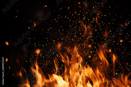 Fire embers particles over black background. Fire sparks background. Abstract dark glitter fire particles lights. bonfire in motion blur. flames burning photo