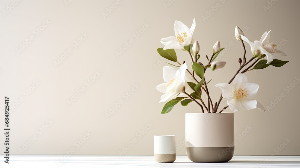 Green Plant and white Vase on a Table in house on white wall, Minimal cozy counter mockup design for product presentation background. Branding in Japan style Green Plant and white Vase on a Table in house on white wall, Minimal cozy counter mockup design for product presentation background. Branding in Japan style