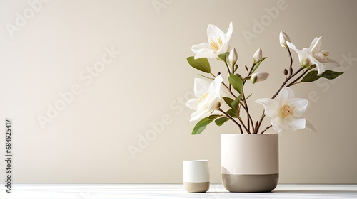 Green Plant and white Vase on a Table in house on white wall, Minimal cozy counter mockup design for product presentation background. Branding in Japan style