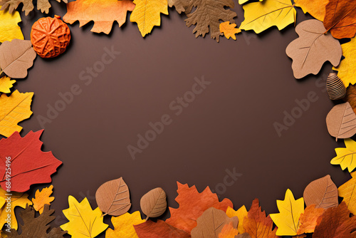 autumn leaves border, autumn leaves frame, Frame of yellow maple leaves, red oak leaves, pear and acorns on brown background