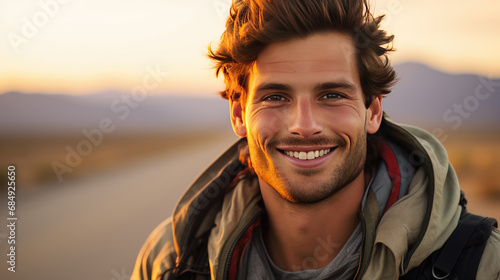 Headshot of a male traveler traveling on the road with mountains in the background at sunset