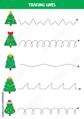 Tracing lines for kids. Cute cartoon Christmas trees. Handwriting practice.