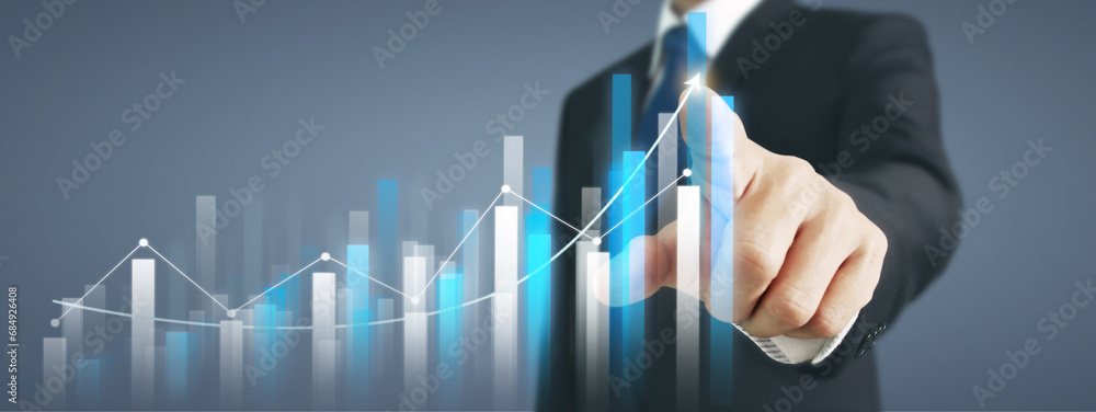 Businessman with chart financial symbols coming from hand Businessman with chart financial symbols coming from hand