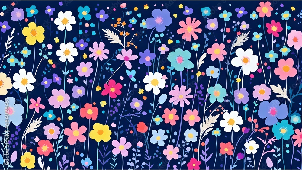A vivid design featuring a variety of colorful flowers scattered across a dark blue background, giving a bright and festive impression.
A vivid design featuring a variety of colorful flowers scattered across a dark blue background, giving a bright and festive impression.