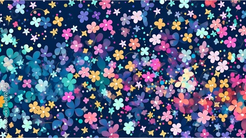 A vivid design featuring a variety of colorful flowers scattered across a dark blue background, giving a bright and festive impression.
