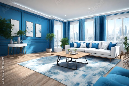 ea living room, dining room with white walls,  hardwood flooring  with , gillitery blue and white  background, light mode © Sikandar Hayat