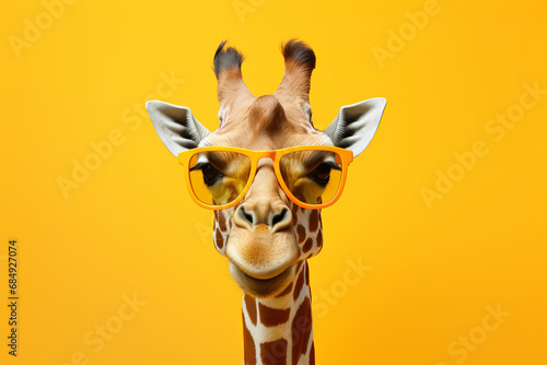 This giraffe's portrait, complete with modern sunglasses, is a colorful blend of nature and retro fashion. Perfect for quirky designs. is AI Generative.