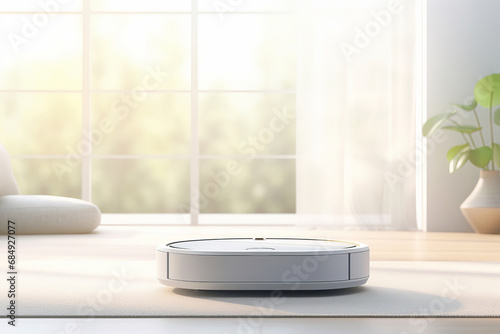 Experience the convenience of an advanced robot vacuum. Its sleek design and efficiency redefine housework on laminate flooring is AI Generative.