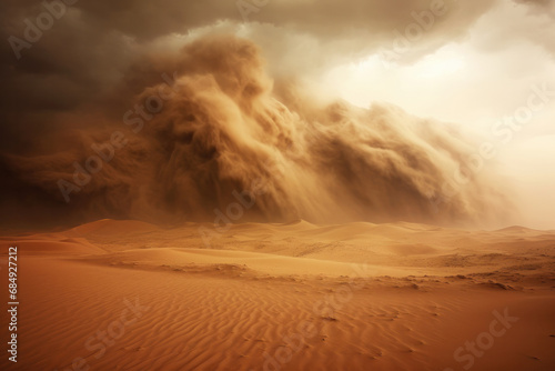 The desert landscape takes a scenic yet dramatic turn as a heavy sand and dust storm fills the sky with a vivid orange and yellow hue. AI Generative.