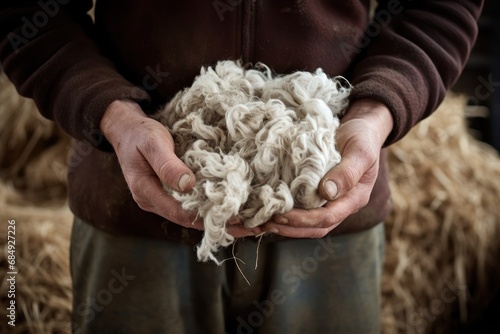 Old man gathers sheared sheep wool from ground on farm yard closeup. Mature farmer processes animal fur in ancient way outdoors. Traditional crafts of woven material producing at countryside photo