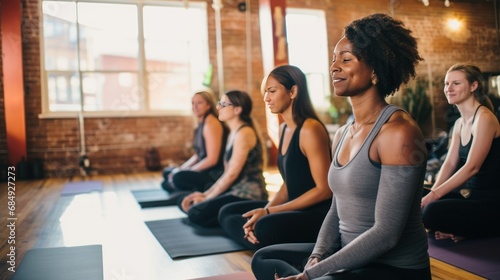 Tranquil woman meditates with group during yoga session. Quite sporty people contemplate mind and relax sitting in lotus poses in class. Physical and mental recreation with mindfulness © Stavros