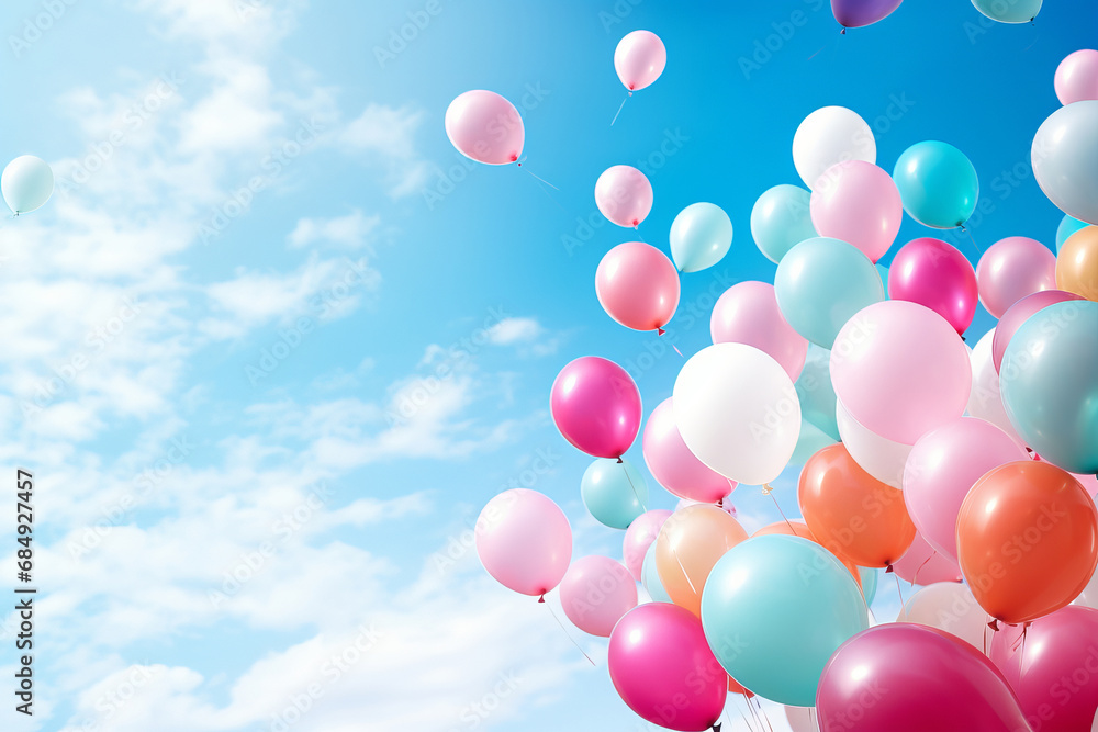 In the blue sky, a bunch of helium-filled balloons creates a bright and happy backdrop for a closeup birthday celebration. AI Generative. In the blue sky, a bunch of helium-filled balloons creates a bright and happy backdrop for a closeup birthday celebration. AI Generative.
