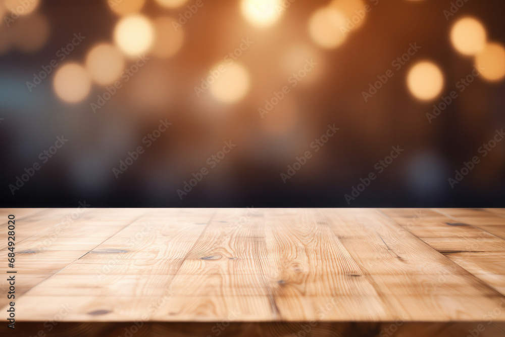 A vintage wooden tabletop with bokeh lights. Versatile for use in pubs, eateries, and interior design. This description is AI Generative.