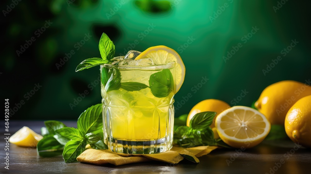 food lemon cocktail drink basil illustration glass juice, ade lime, soda fresh food lemon cocktail drink basil - obrazy, fototapety, plakaty 