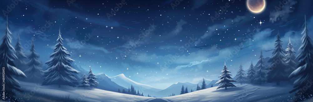Winter night landscape with snowy fir trees, moon and mountains. Winter night landscape illustration. - obrazy, fototapety, plakaty 
