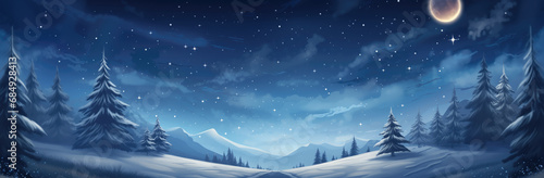 Winter night landscape with snowy fir trees, moon and mountains. Winter night landscape illustration.