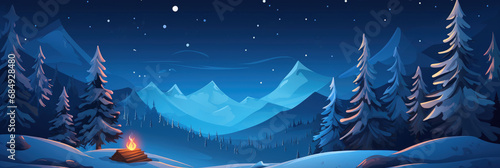 Night winter forest landscape with bonfire, fir trees and mountains. Winter cartoon illustration.