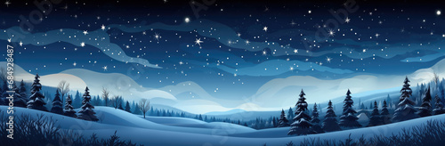 Winter nigh landscape with fir trees, snow and starry sky. Panorama of winter cartoon illustration.