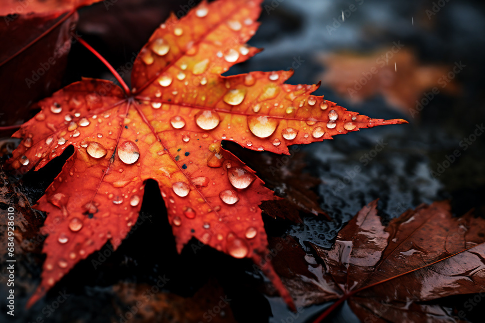 Maple leaf with water drops on a dark background. Autumn concept. Maple leaf with water drops on a dark background. Autumn concept.