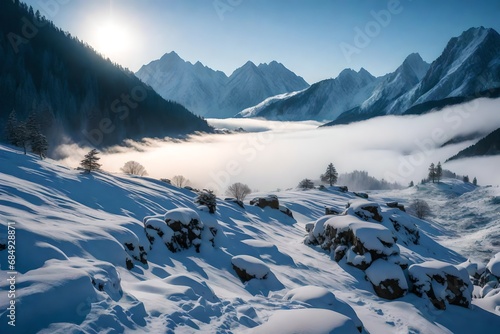 3D view, Capture the serene beauty of the winter fog rolling over the mountain layers at dawn © Sikandar Hayat