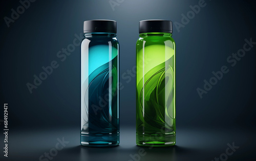 Isotonic energy drink. Two bottles of sport drink with blue and green transperent liquid lon the grey background photo