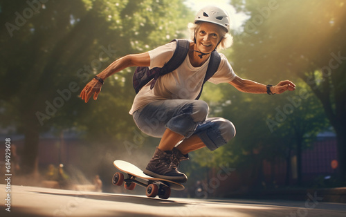 Elderly woman in helmet rides on skateboard along park path in summer day