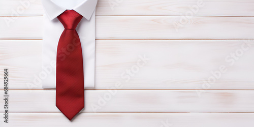 close up of a tie on a wooden board ,Szczesliwy Dzien Ojcow Koszula I Krawat Koncepcja , Silk Ties Necktie Set for Men Handmade Tie , ,red tie generative ai