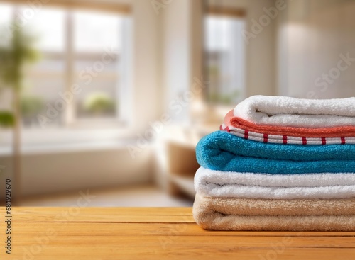 Stack of clean soft bedsheets at washing machine background