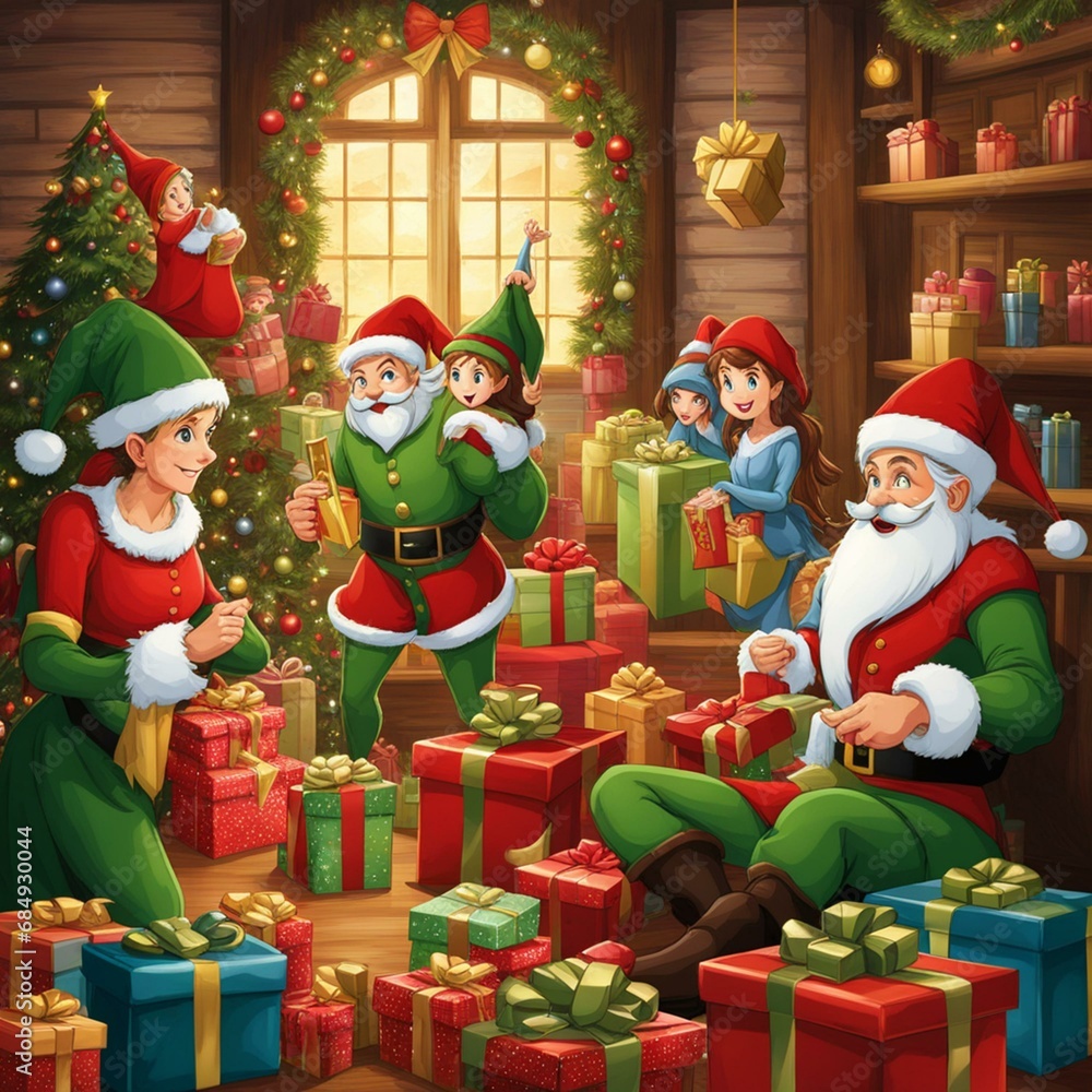 Cute cartoon santa and elves surrounded by presents christmas theme