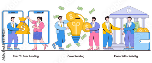 Peer to peer lending, crowdfunding, financial inclusivity concept with character. P2P finance abstract vector illustration set. Collaborative lending, crowdsourcing funding, financial democratization