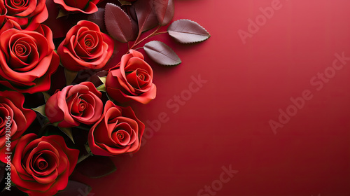 Red roses flower on red background. empty space for text  top view