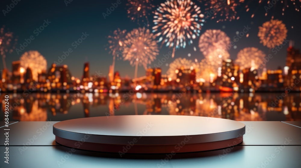empty podium mockup with a vibrant New Year theme, backdrop of fireworks