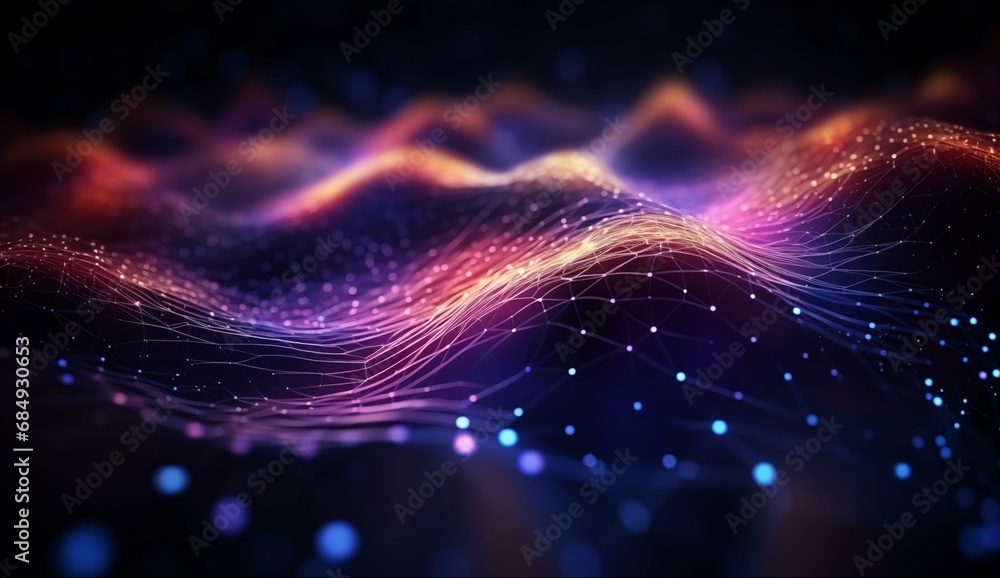abstract network waving technology, depth of field of dots and lines on dark tone background. hi-tech and big data background design. abstract network waving technology, depth of field of dots and lines on dark tone background. hi-tech and big data background design.
